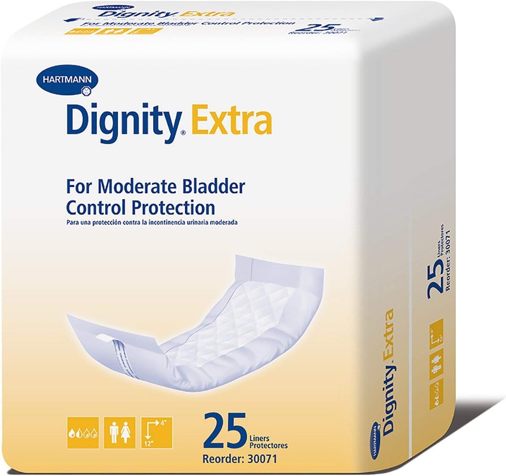 Dignity Extra Incontinence Liner for mænd og kvinder - Bstige læk Pads, Moderate Absorbence - One Size Fits Most, 4 i x 12 i, 25 Greve, 1 pakke