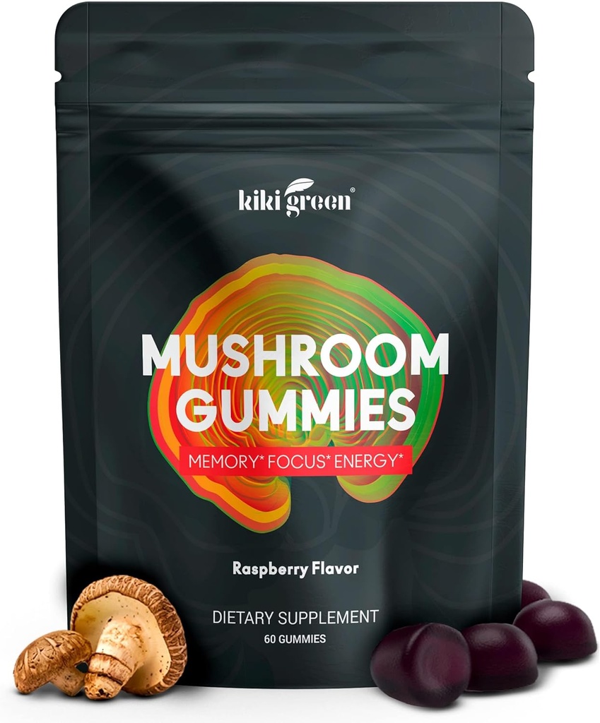 KIKI Green Mushroom Gummies med Lion 's Mane og 9 Adaptogen Superfoods Blend - Chaga, Red Reishi, Cordyceps, Shiitake, Black Fungus Buddy 124; 60 Greve, 10: 1 Uddrag