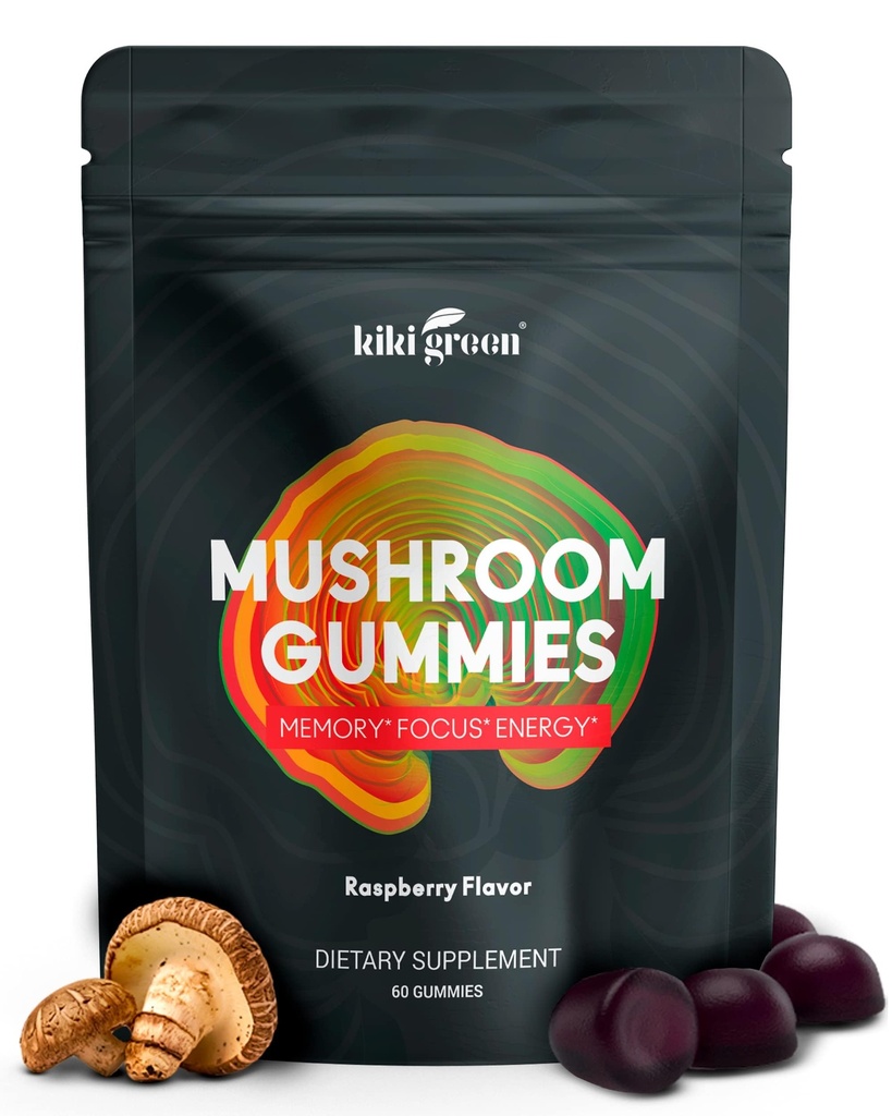 KIKI Green Mushroom Gummies med Lion 's Mane og 9 Adaptogen Superfoods Blend - Chaga, Red Reishi, Cordyceps, Shiitake, Black Fungus Buddy 124; 60 Greve, 10: 1 Uddrag