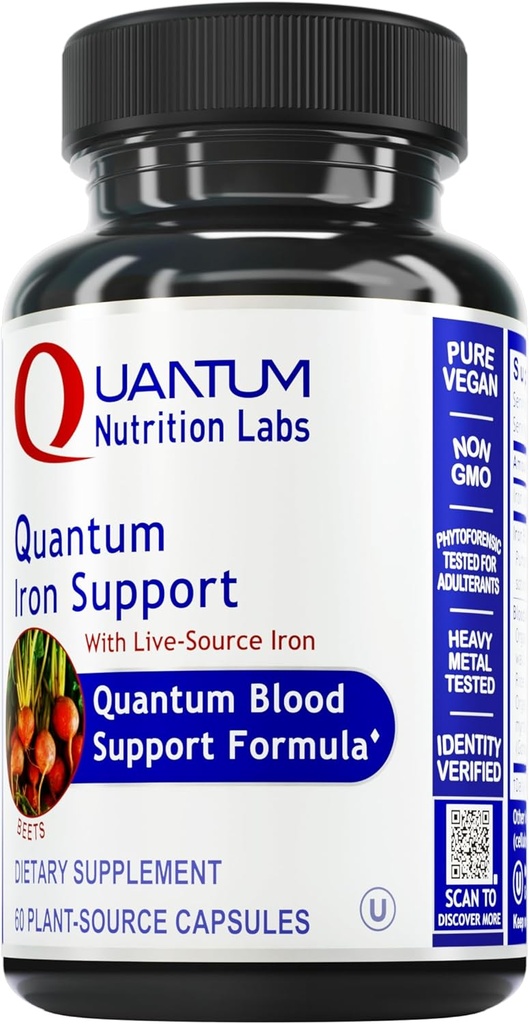 Quantum Nutrition Labs Iron Support - Iron Supplement for Women and Men, Vegan Iron Supplements, Low Dose Gentle Iron, Naturally Sourced to Support Healthy Blood - 60 Vegetarian Capsules