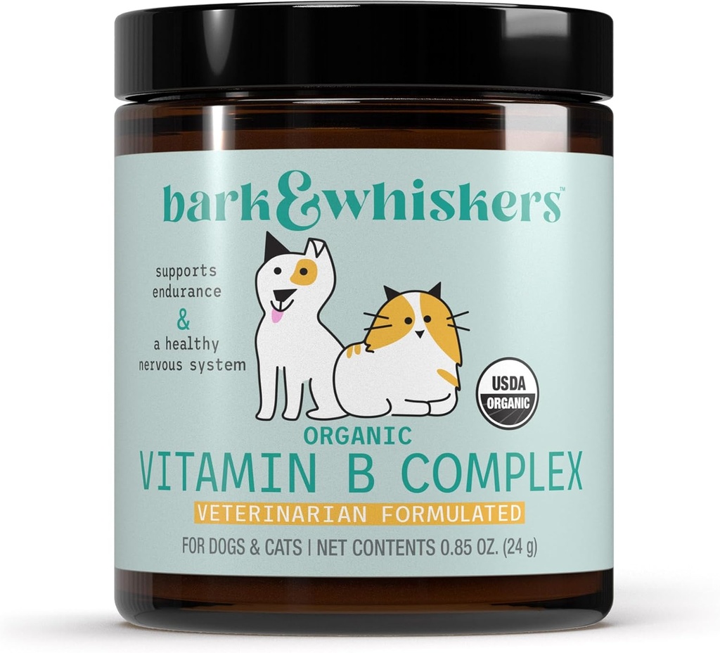 Bark & Whiskers Organic Vitamin B Complex, 0,85 Oz. (24 g), 60 Scoops, Understøtter en sund nervesystem & Endurance, Veterinarian Formuleret, Non- GMO, Certified USDA Organic, Dr. Mercola