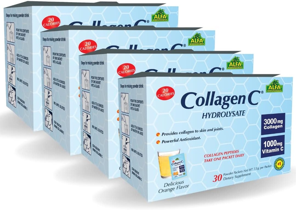 ALFA VITAMINS Collagen C Peptider Hydrolysat Powder Supplement, vitamin C 1000mg, Gluten Free Hydrolyzed Collagen til hud, hår, negle, Joint & Bone Support, Antioxidant, 30 Sachets per Box, 4 Pack