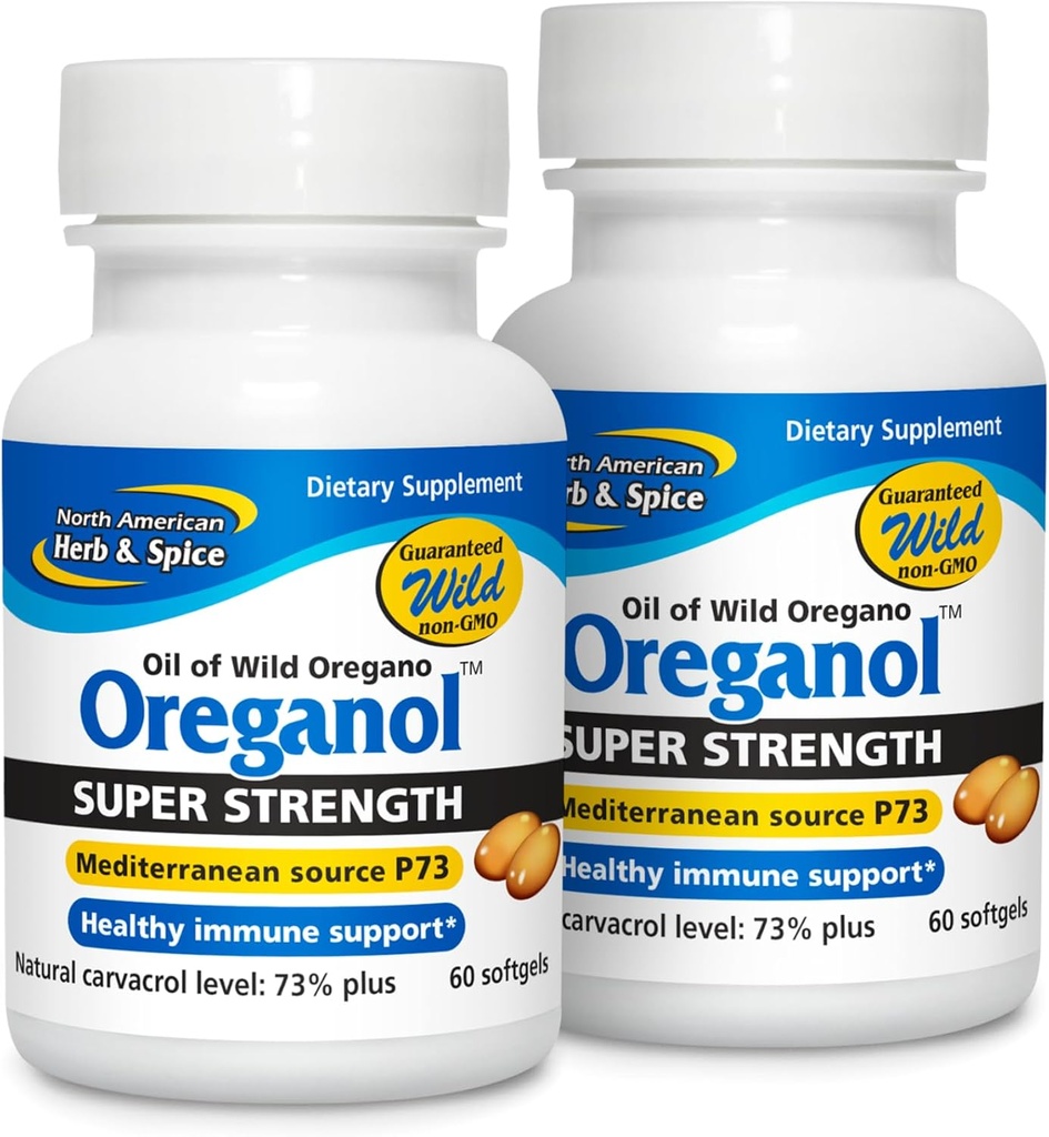 North American Herb & Spice Super Strength Oreganol P73 - Pack of 2, 60 Softgels - Immunsystemet Support - Vegan Friendly Wild Oregano - Non- GMO - 120 Total Servering