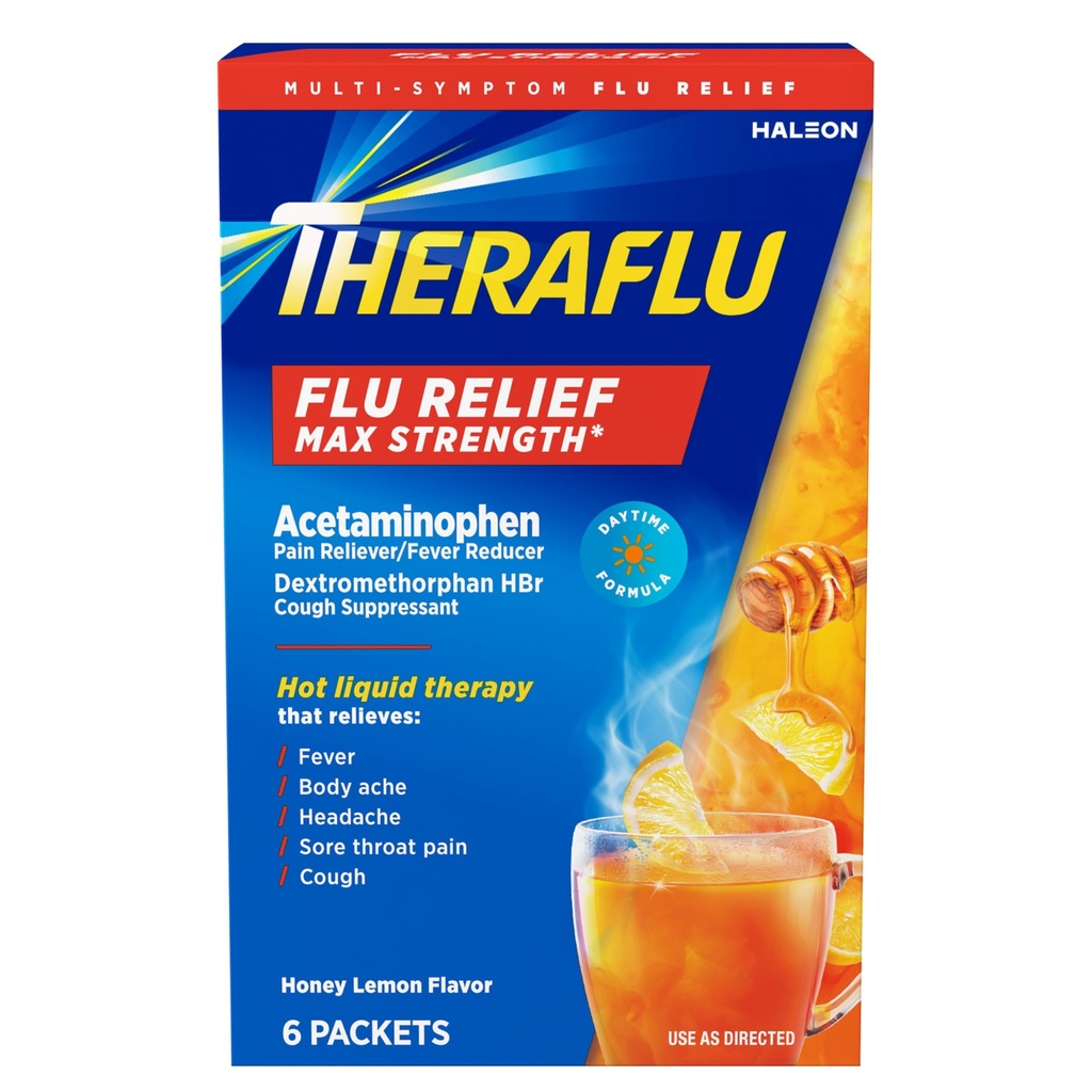 Theraflu Max Strength Daytime Flu- medicin til flu- symptomlindring med Acetaminophen og Dextromethorphan HBr, Honey Lemon Flavored - 6 Powder Pakninger
