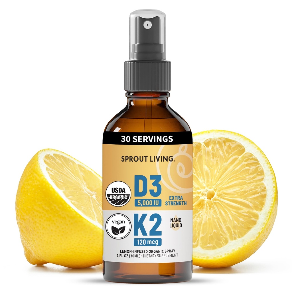 Organic Vitamin D3 5000 IE (Lichen) + K2 120 mcg (Fermented Chickpea), immun, bone & Heart Health med Calcium Absorption 124; Trace Minerals, Lemon & Citrus, Sugar Free, Spray (1 FL OZ, 30 Servere)