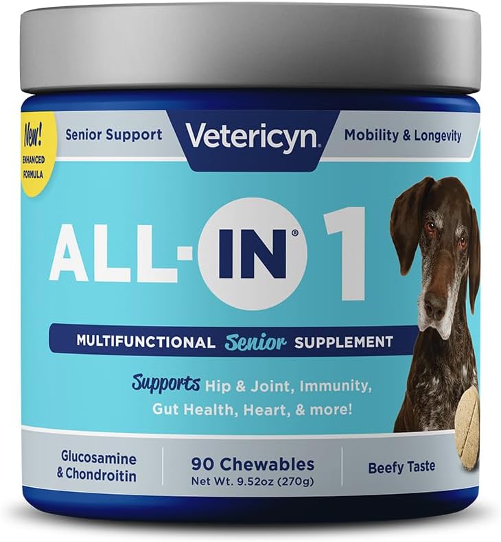 Veteryn All- in 1 Multifunktionel Senior Hund Supplements 124; fordøjelsesenzymer + Glucosamin Chondroitin til Hip og fælles støtte + Vitaminer, Antioxidanter, Prebiotika, Probiotika, og Omegas. 90 Antal