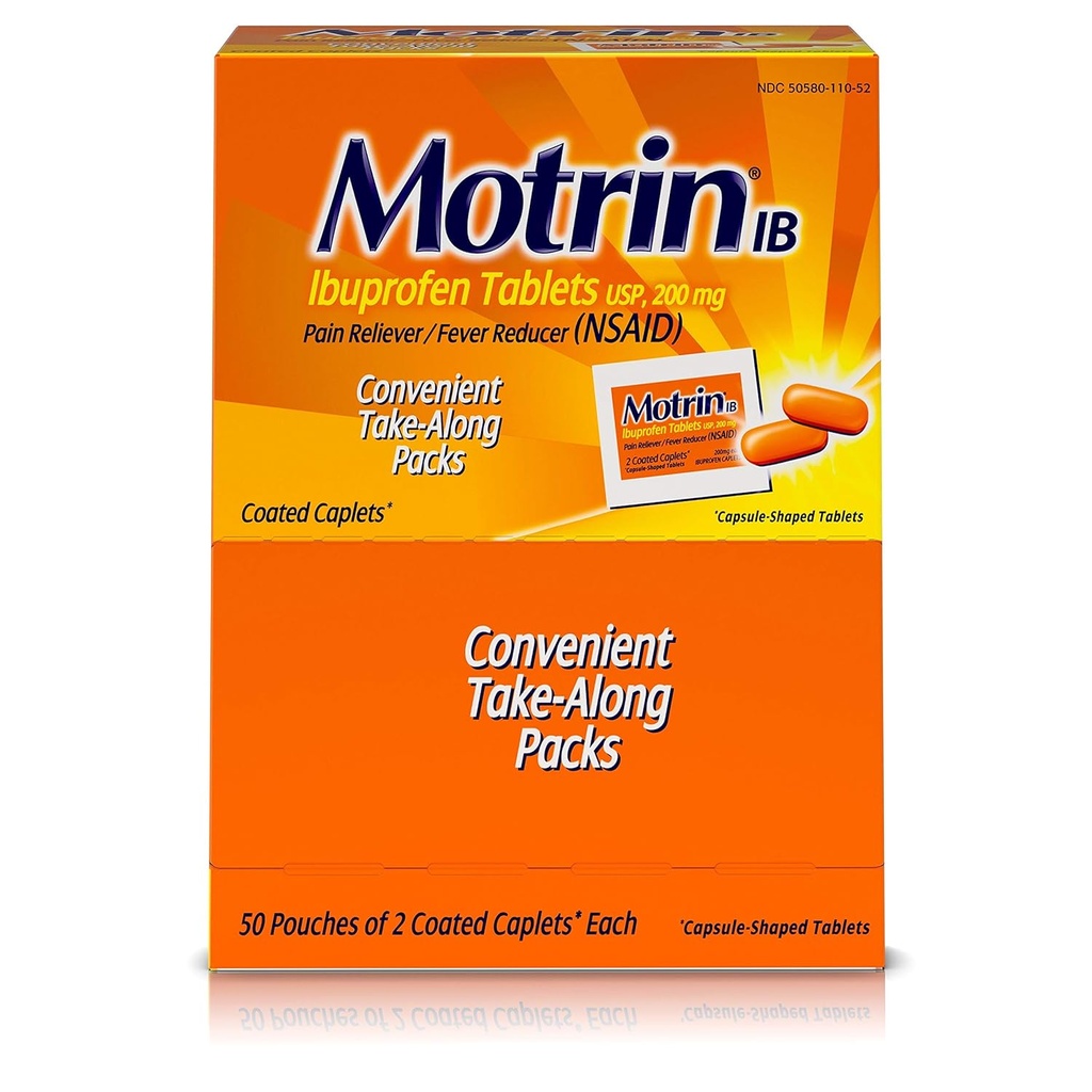 Motrin IB - Ibuprofen Tablets, Two Tablets Per Packet, 50 Pakker Total, One Box