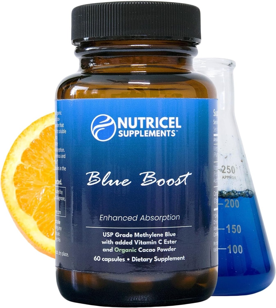 Nutricel Methylene Blue Capsules - Pharmaceutical Grade Supplement - Trusted Made in America Brand - 12mg (USP Reference Compliant) with Vitamin C Ester Enhanced Absorption - Third Party Tested (60ct)