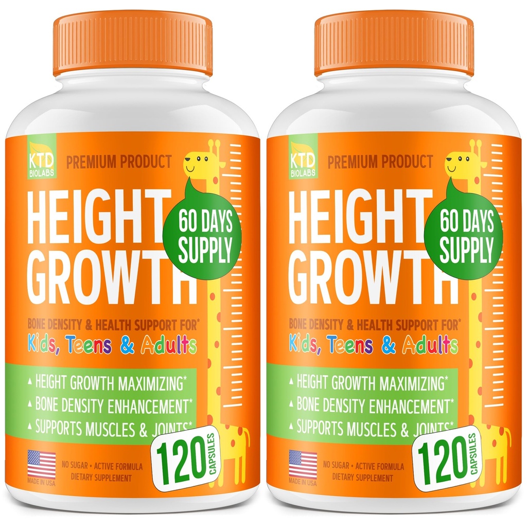 Pakke med 2 Højde Vækst Maximizer - Lavet i USA - Naturlig Højde Stigning Booster & Teen Vitaminer - Pills to Grow Taller på enhver alder - Knoglevæksttillæg for voksne & Børn - 120 kapsler