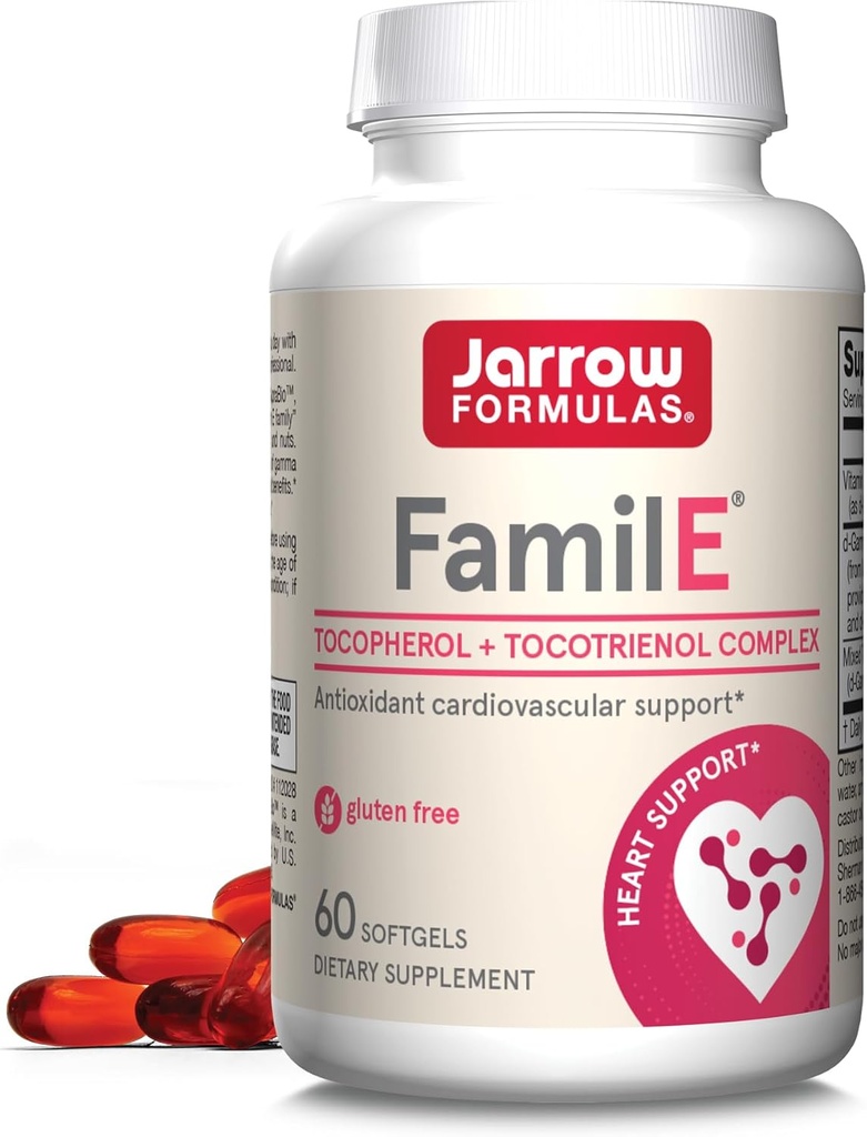 Jarrow Formulas Familie-E - fremmer hjerte & kardiovaskulær sundhed - Indeholder alle otte medlemmer af E-vitamin familien - Rig i Gamma Tocopherol & Tocotrienols - 60 Softgels