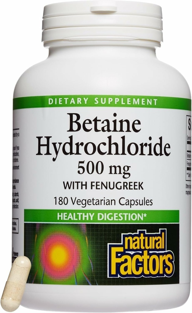 Naturlige faktorer, Betaine HCL 500 mg, understøtter sund fordøjelse og et sundt mikrobiom, 180 kapsler (180 portioner)