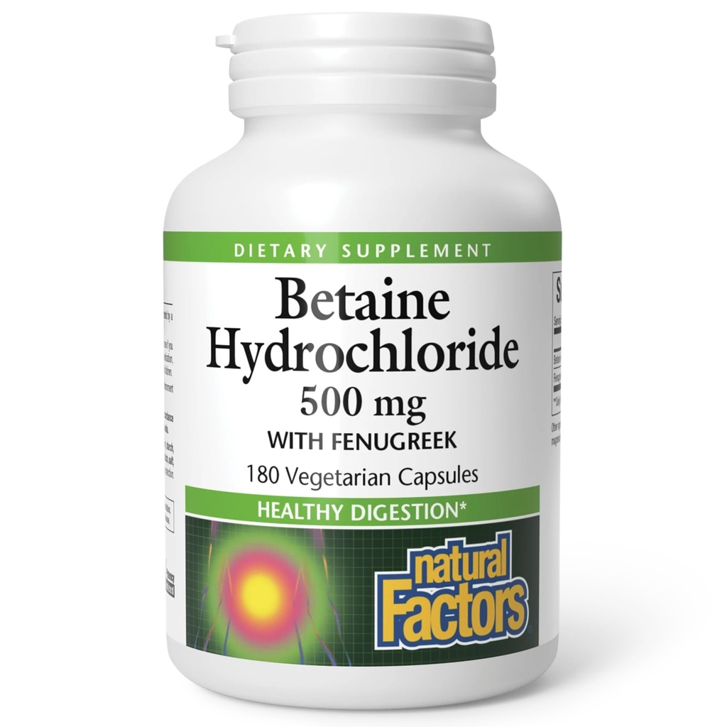 Naturlige faktorer, Betaine HCL 500 mg, understøtter sund fordøjelse og et sundt mikrobiom, 180 kapsler (180 portioner)