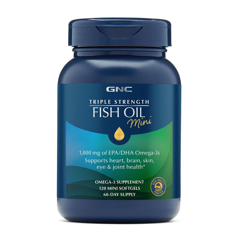 GNC Triple Strength Fish Oil Mini Omega 3 Supplement, 1000mg EPA og DHA, understøtter hjerte, hjerne, hud, øje og fælles sundhed, 120 Mini Softgels