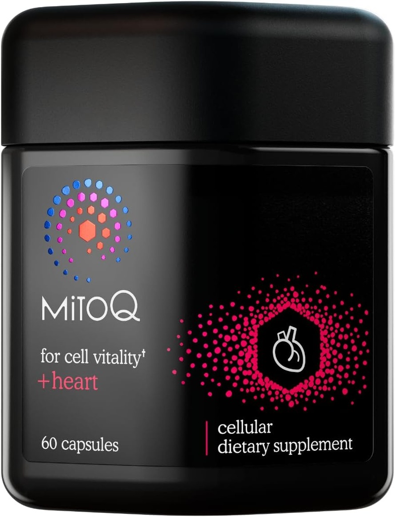 MitoQ + Heart Premium CoQ10 Antioxidant - Indeholder Mitoquinol Mesylat, Magnesium, L- Carnitin & D3- vitamin - understøtter kardiovaskulær og cirkulær sundhed, og Cell Vitality (60 kapsler)
