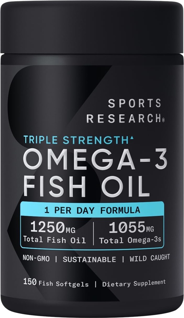 Sportsforskning Triple Strength Omega 3 Fish Oil - Burpless Fish Oil Supplement w / EPA & DHA Fedtsyrer fra vildt fanget fisk - hjerte, hjerne og immunforsvar til mænd og kvinder - 1250 mg, 150 ct
