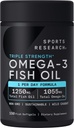 Sportsforskning Triple Strength Omega 3 Fish Oil - Burpless Fish Oil Supplement w / EPA & DHA Fedtsyrer fra vildt fanget fisk - hjerte, hjerne og immunforsvar til mænd og kvinder - 1250 mg, 150 ct