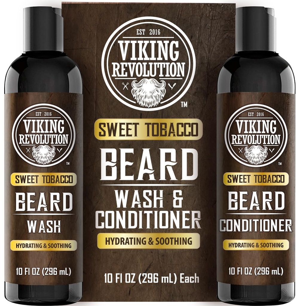 Viking Revolution Beard Wash og Beard Conditioner for mænd med Argan Oil og Jojoba Oil - Beard Softener og Stronthener Beard Care Beard Shampoo og Conditioner med Beard Oil (10oz, Sweet Tobacco)