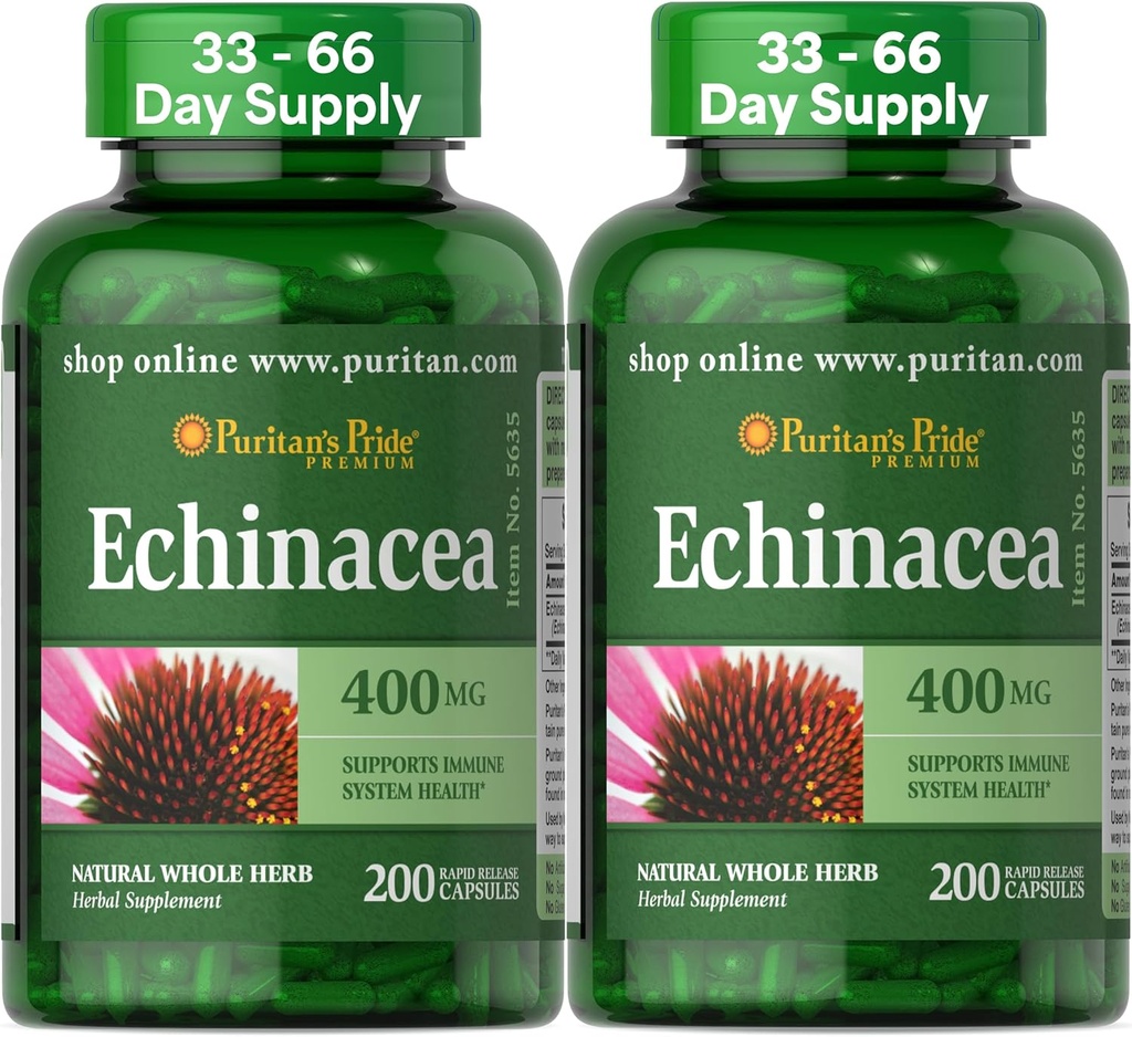 Puritan 's Pride Premium Echinacea Natural Whole Herb Herbal Supplement 400mg, Kosttilskud til sundhed, immunsystem support, 200 Rapid Release Kapsler, 2 Pack