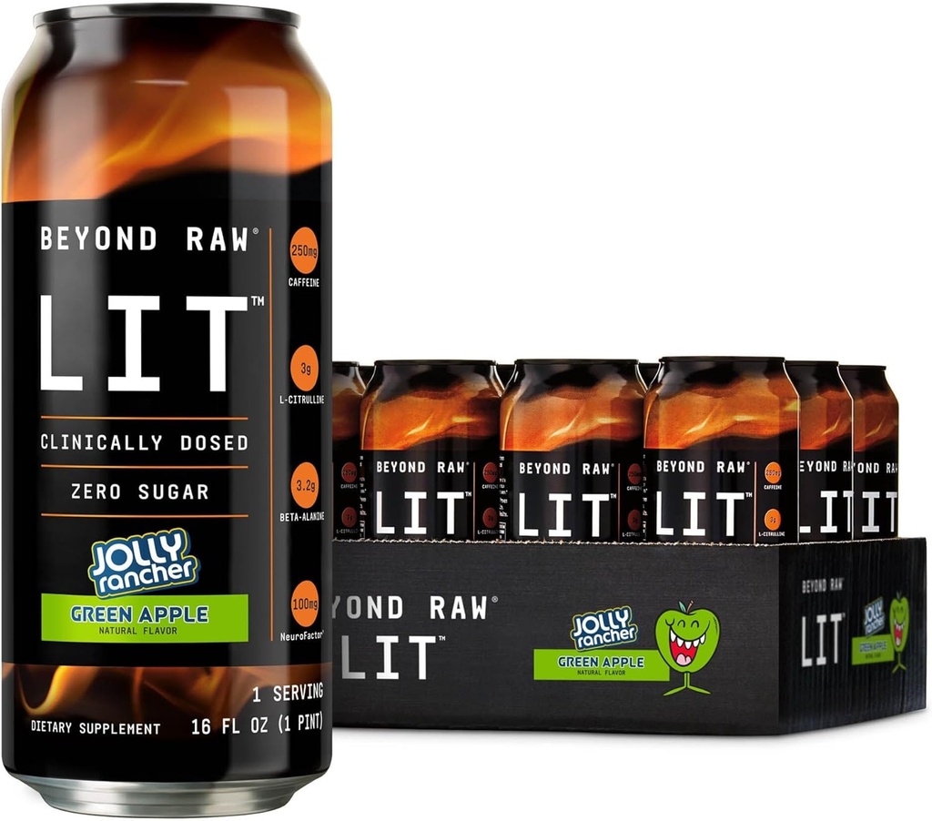 Ud over rå LIT Klar til at drikke før træning, Jolly Rancher Green Apple, For Energi, Fokus, Intensitet og Pumper, Med nitrogenoxid Boost, Zero Sugar, 250 mg koffein med Beta Alanine, 12 Cans
