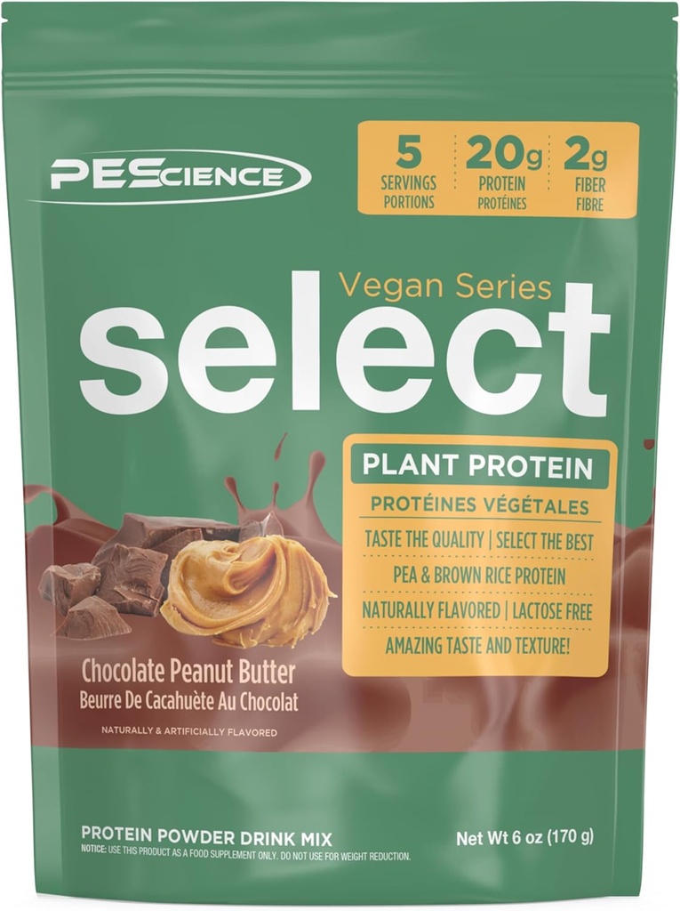 PEScience Select Vegan Protein Powder, Plant Based Protein Powder, Amazing Taste, Smooth Texture, Pea and Brown Rice Blend, Dairy Free, Lactose Free, Gluten Free - Chocolate Peanut Butter, 5 Servings