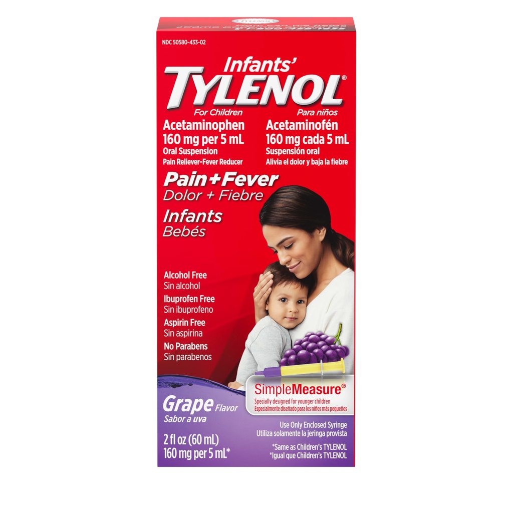 Infants' Tylenol Liquid Pain Relief & Fever Medicine, Oral Suspension, Acetaminophen for Sore Throat, Headache & Teething, Pain Reliever & Fever Reducer for Kids; Grape Flavor, 2 fl. oz.; Pack of 1