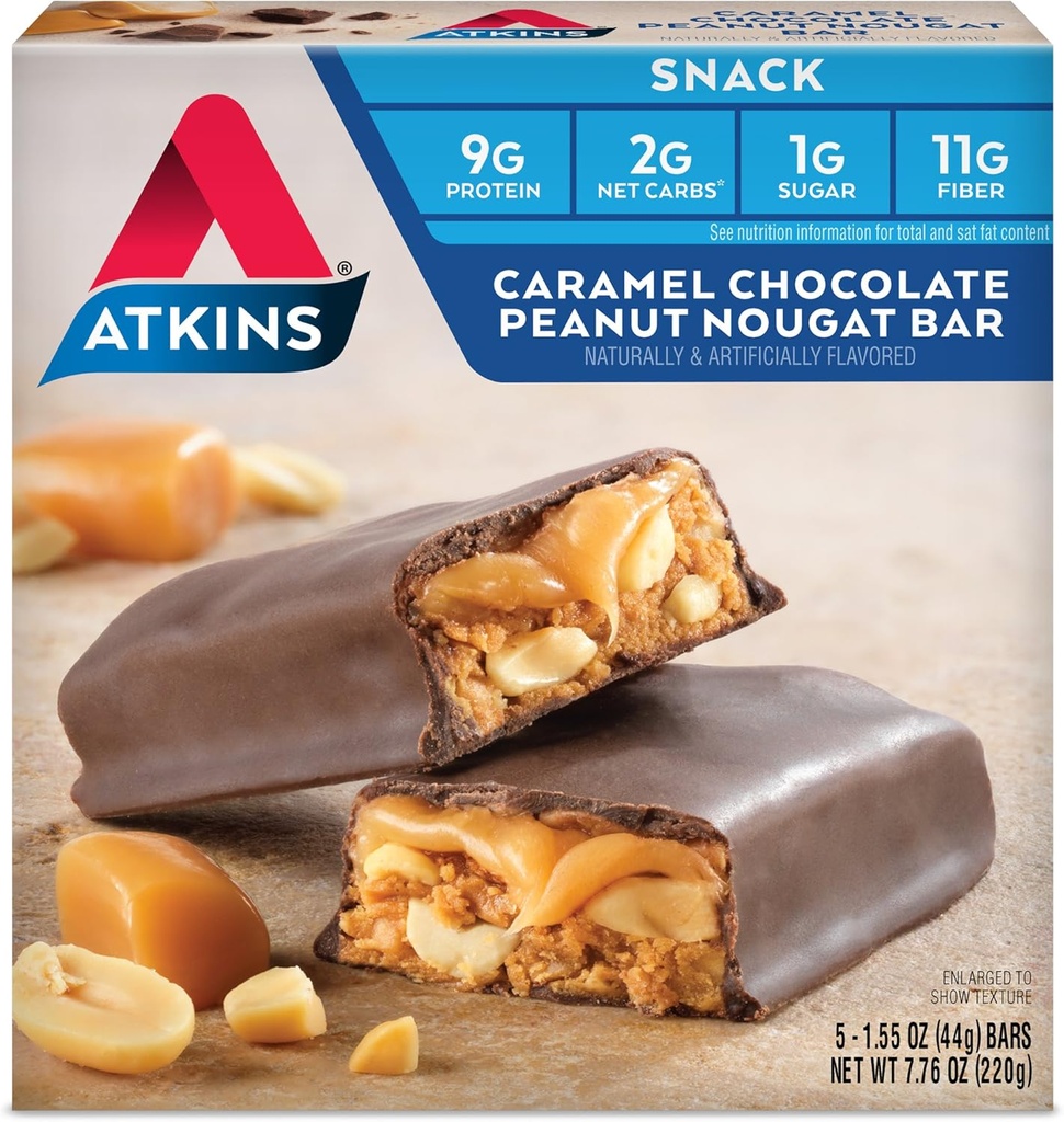 Atkins Caramel Chokolade Peanut Nougat Snack Bar, Protein Snack, Høj i Fiber, 2g Sukker, Keto Friendly, 5 Greve