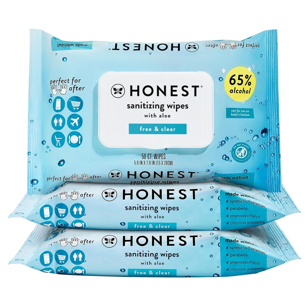 The Honest Company Fragrance- Free Sanitizing Alkohol Wipes, Antibakterielle Hand Wipes med Aloe, Kills 99% af Germs, Safe for Hands, 150 Greve (3 pakker med 50)