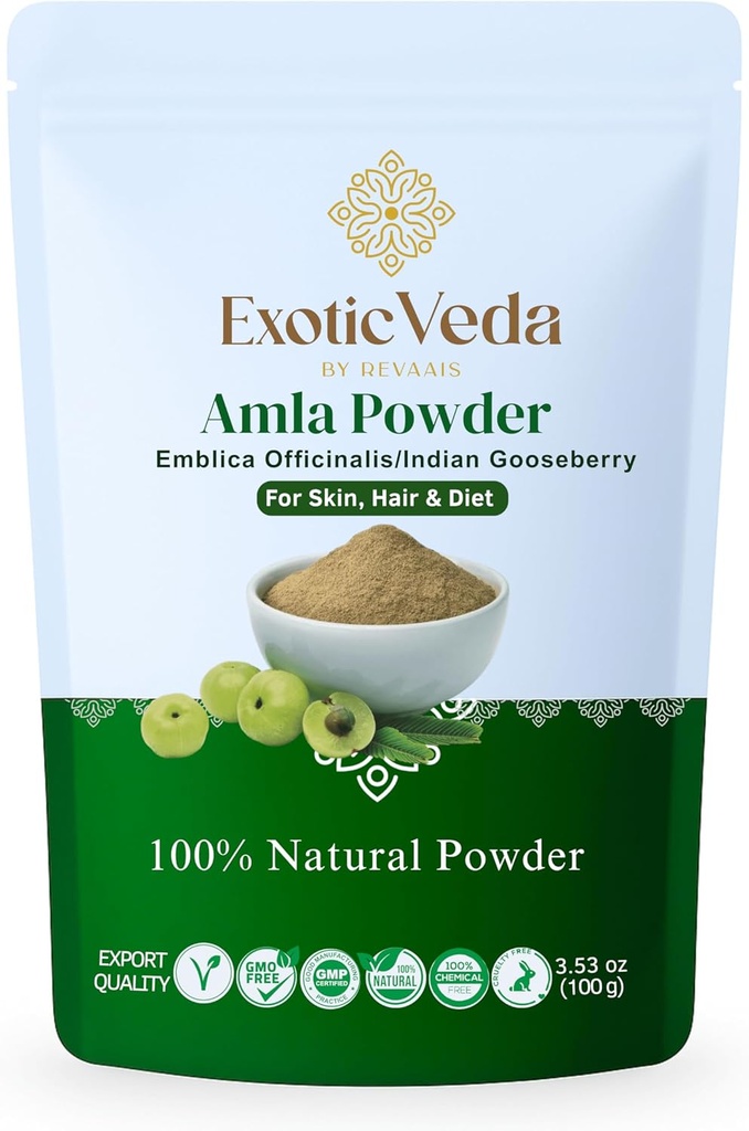 Amla Pulver • 124; 100% Pure & Natural Indian Gooseberry • 124; Ayurvedic Herbal Supplement til Hårpleje, Hud Glow & Wellness • 124; Non- GMO, Ingen tilsætningsstoffer, Preservativer eller Fyldere • 124; 100g Pouch