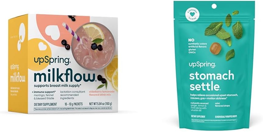 UpSpring Stomach Settle Drops, Mint Flavour, 28 Ct + Milkflow Amning supplement drikke mix med Moringa & Velsignet Thistle, ingen bukkehorn