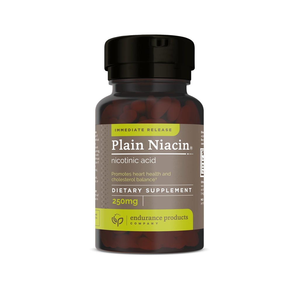 Endur Plain Niacin (Nicotinsyre), Heart Health & Sund Cholesterol Balance Supplement, Immediate- Release Formel, Gluten Free, 250 mg (100 tabletter)
