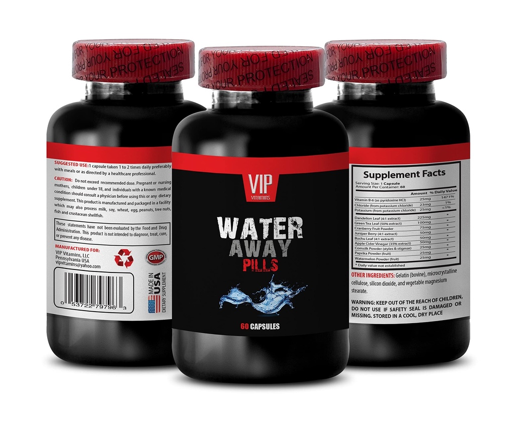 Urinvejsstøtte - VAND AWAY DIURETIC PILLS - Watermelon, Mælkebøtte, Paprika, Kalium, diuretika til væskeophobning i ben og fødder, vanddrivende vandpiller, diuretika kosttilskud, 1B 60 Caps