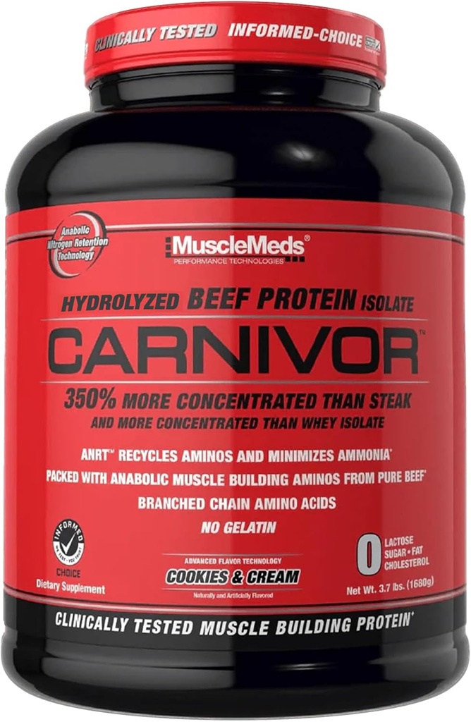 MuscleMeds Carnivor Beef Protein Isolate Powder, Cookies & Cream, 56 Servings, 1680 Gram, 59.2 Ounce, 3.7 Pound