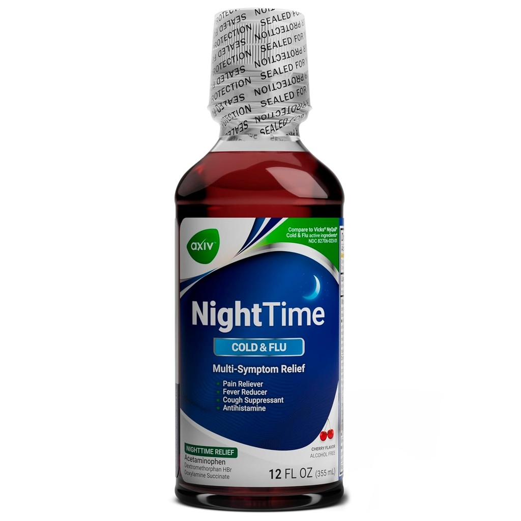 AXIV Nighttime Cold og Flu- Relief Liquid Medicine, Nighttime Formel, Multi- symptom Relief, Pain Reliever, Fever Reducer, Hough suppressant, Cherry Flavor, 12 fl. oz.