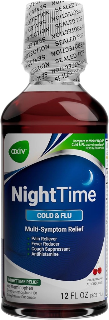 AXIV Nighttime Cold og Flu- Relief Liquid Medicine, Nighttime Formel, Multi- symptom Relief, Pain Reliever, Fever Reducer, Hough suppressant, Cherry Flavor, 12 fl. oz.