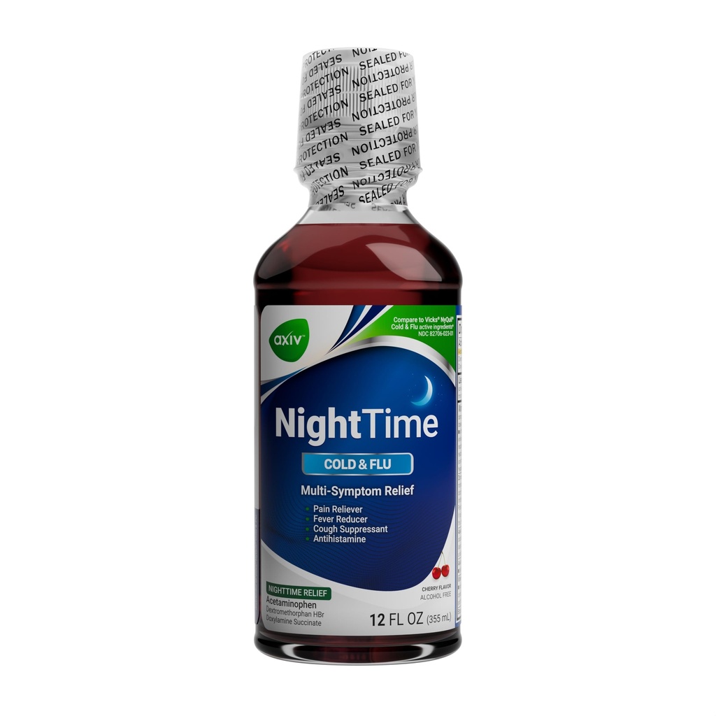 AXIV Nighttime Cold og Flu- Relief Liquid Medicine, Nighttime Formel, Multi- symptom Relief, Pain Reliever, Fever Reducer, Hough suppressant, Cherry Flavor, 12 fl. oz.