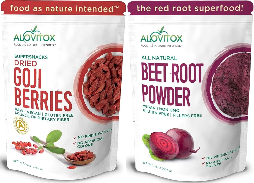 Alovitox Beet Root Powder & Goji Berries Beeg 124; 100% Ren, Fresh & Organic Vegan Superfood med Vitamin A, C & Iron; Hjælper lavere blodtryk, Balance Oxygen Brug & Boost Stamina Under træning