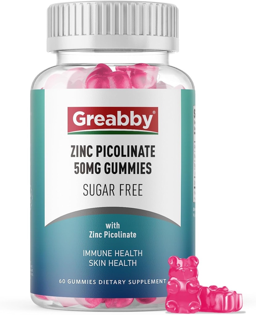 Zinkgummier - Zinkpicolinat 50mg, Sukkerfri, stærkt Absorberet Zinkpicolinat supplement til børn og voksne, Support Growth, immunfunktion, hudsundhed, 60 gummies