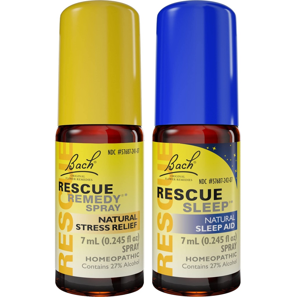 Dag & Nat Bundle, Bach REMEDY Spray, Natural Stress Relief [og] RESCUE SLEEP Spray, Natural Sleep Aid - 2-Pk, Homøopatisk blomst Essence, Vegan, 7ml Ea