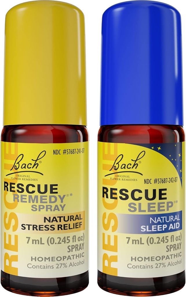 Day & Night Bundle, Bach RESCUE REMEDY Spray, Natural Stress Relief [and] RESCUE SLEEP Spray, Natural Sleep Aid - 2-Pk, Homeopathic Flower Essence, Vegan, 7mL Ea