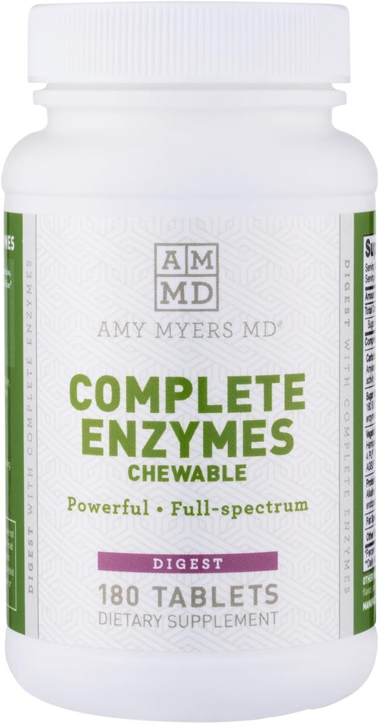 Amy Myers MD fordøjelsesenzymer Chewable - Komplet enzymer Support Leaky Gut, Acid Reflux, Gas, Bloating, Gluten Eksponering - Amylase, Lipase, Lactase, Alkaline, Protease, Sucrase + Mere - 180 tabletter