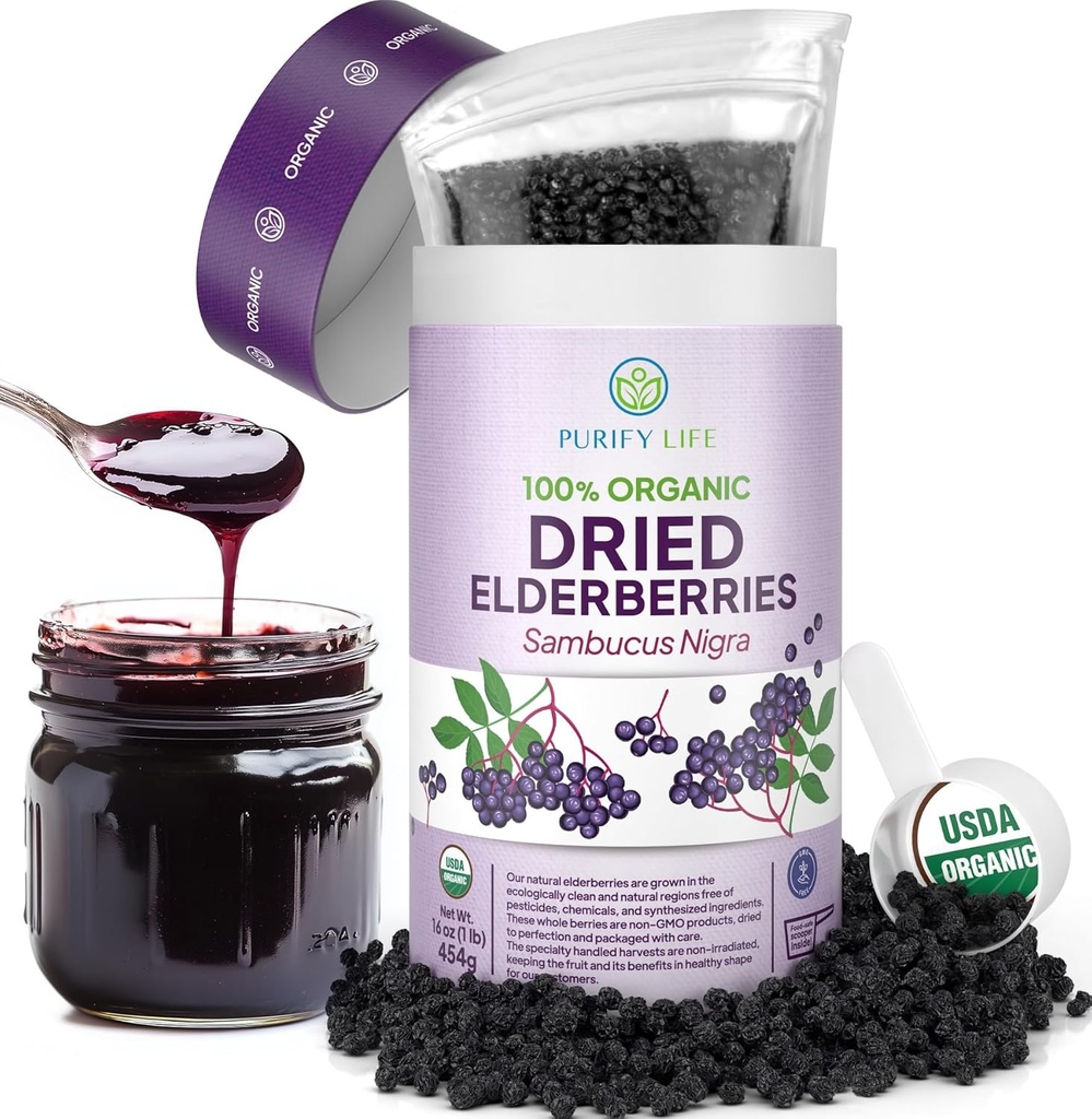 USDA Økologisk Tørrede Hyldebær 1lb Bulk (Safest Packaging, Resealable Bag, BPA- Free Scoop) Naturlige, ikke-bestrålede, Raw Hel Black Elderberry, Immunstøtte, Gør Sambucus Elderberry Syrup, 1 Pound