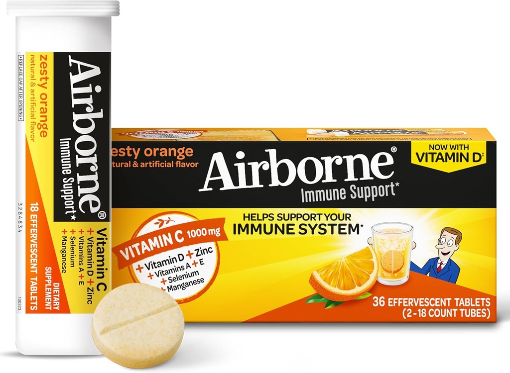 Vitamin C 1000mg (per servering) - Airborne Zesess Orange Effervescent tabletter (36 tæller i en kasse), Gluten- Free immunsupport supplement med vitaminer A C E, ZINC, Selenium, Echinacea & Ingefær