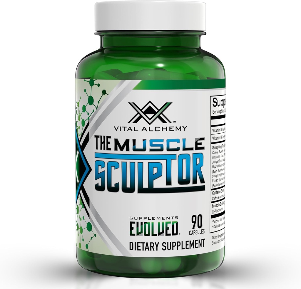 Vital Alchemy Muscle Skulptor- Muscle Builder med vitamin B3, B6, Phosphatidylserin, Epicatechin & Cayenne - understøtter muskelvækst, Focus, Energy & Protein Syntese, Made in USA - 90 Kapsler