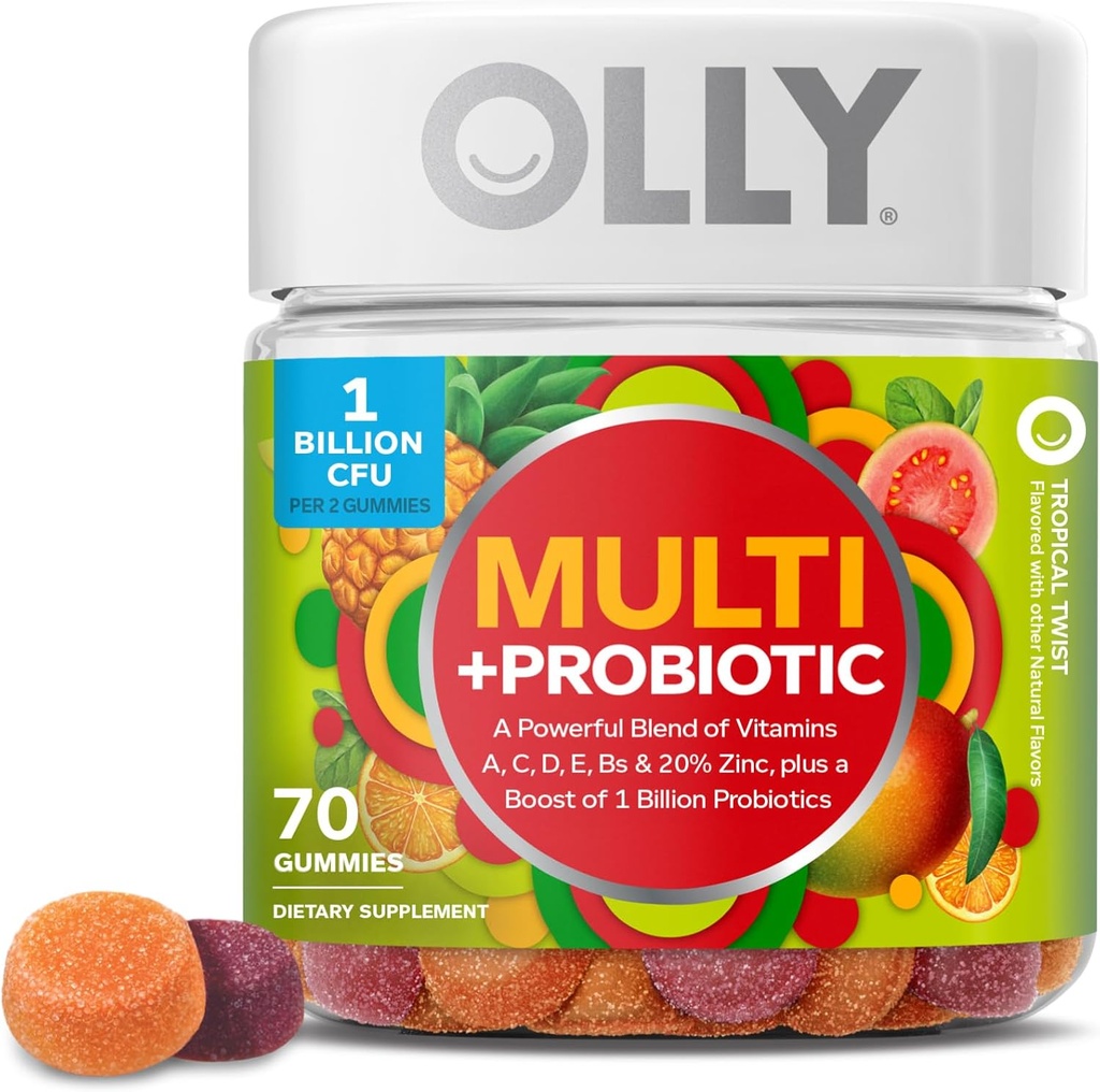 OLLY Multi + Probiotisk Voksen Multivitamin Gummy, 1 Millioner CFU 'er, fordøjelses- og immunstøtte Chewable Supplement, Tropical Twist, 35 Day Supply - 70 Greve