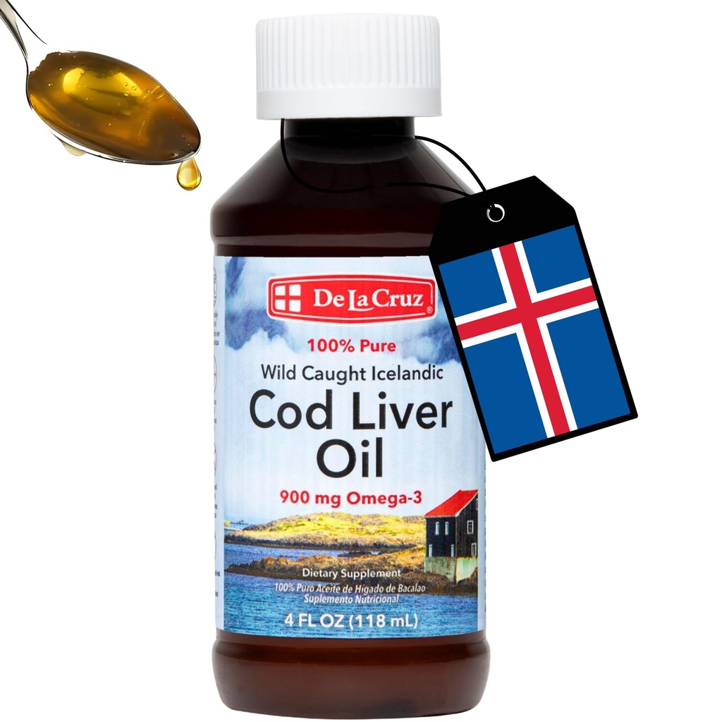 De La Cruz Cod Liver Oil Liquid - Pure Wild- Fanget Islandsk Fish Oil 4 FL OZ (118 ml)
