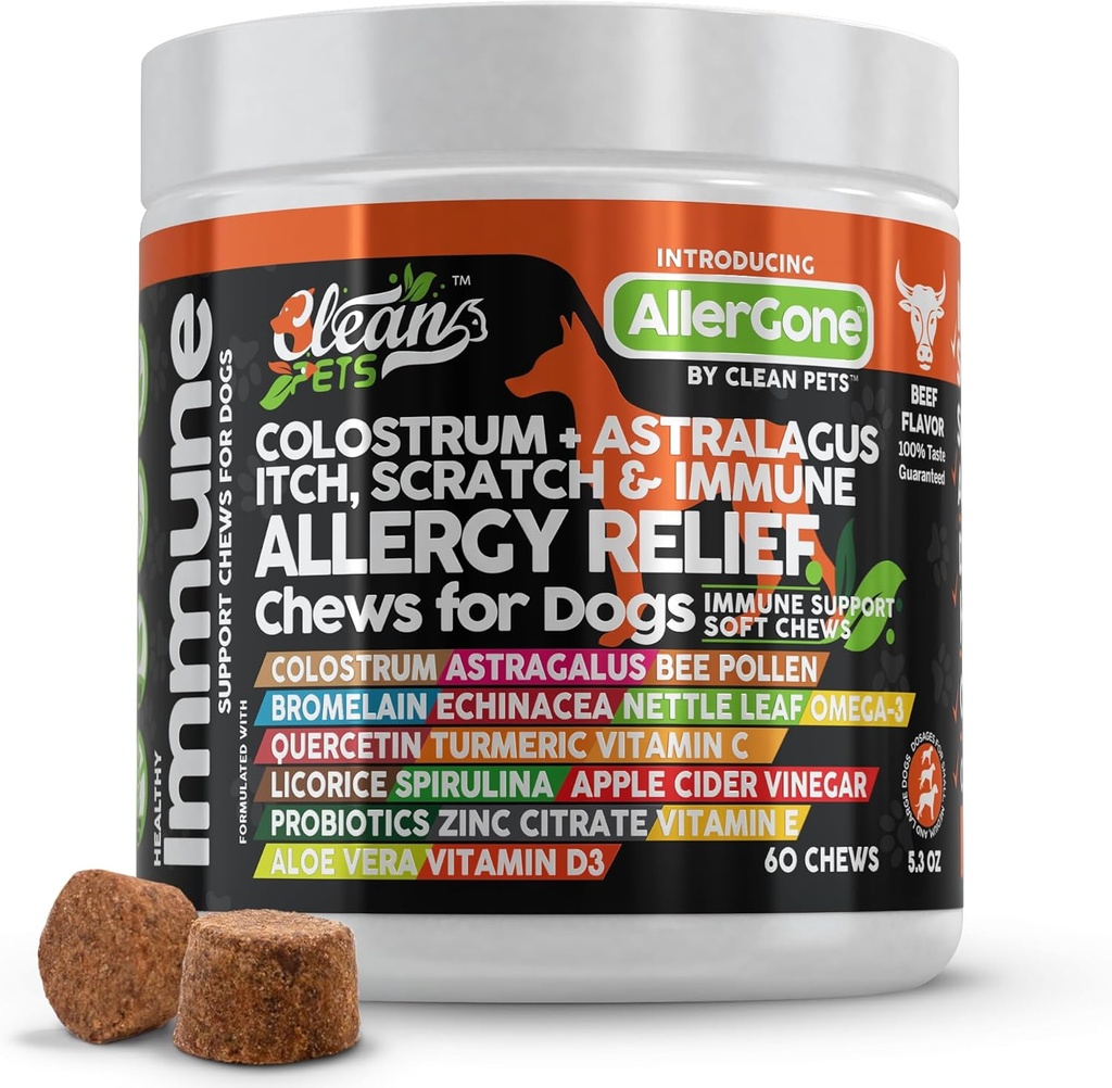 Hund Allergy Relief Chews Mea124; Itchy Skin Relief for Hunde Measures 124; Colostrum Astralagus Omega 3 Bee Pollen Bromelain Echinacea Nettle Leaf Quercetin Licorice Root Spirulina ACV Immun- pakning med 1 stk.