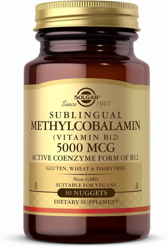 Solgar Methylcobalamin (vitamin B12) 5000 mcg, 30 Nuggets - Cherry Flavor - Understøtter energi Metabolisme - Body- klar, aktiv form - ikke-GMO, Vegan, Gluten Free - 30 Servere