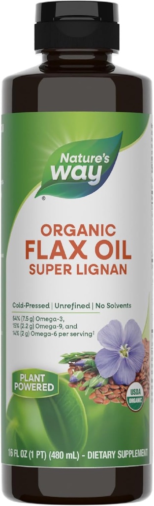 Nature 's Way Organic Flax Oil Super Lignan, Omega-3, 6, 9 Fedtsyrer (1), Cold- presset, Uraffineret, Hexane Free, 16 Fl Oz (Packaging May Vary)
