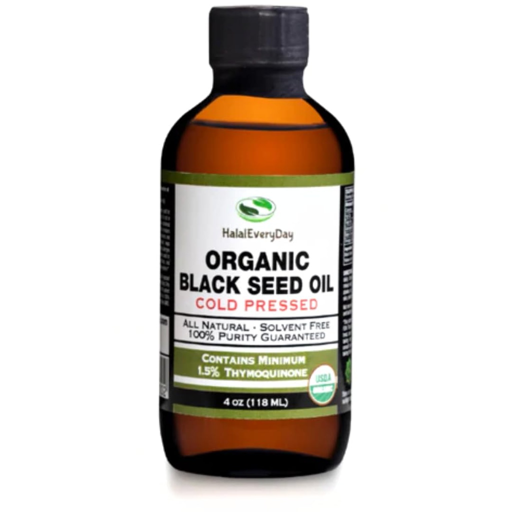 Organic Black Seed Oil - USDA Certified Cold Pressed Glass Flaske Over 1,5% Thymoquinone 3X Styrke Tyrkisk Sort Cumin Nigella Sativa Non- GMO 100% Pure Blackseed Oil (4oz glasflaske)