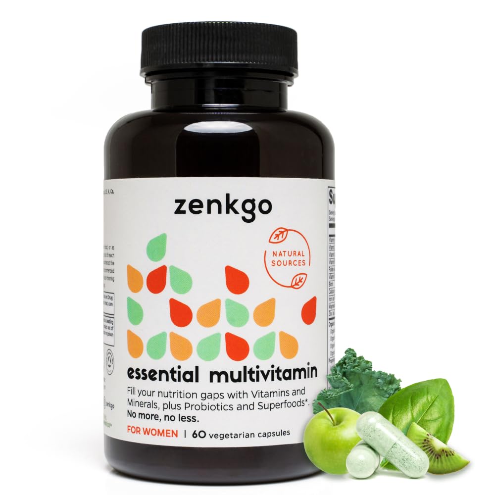 Zenkgo Multivitaminer + Organic Whole Foods + Probiotika til kvinder, støtter Immunitet, fordøjelse, energi, Gut Health, Vitaminer A, E, B6, B12, Vegan D3, K2 (MK- 7), Folate, Minerals, Superfoods (60Ct / 30Day)